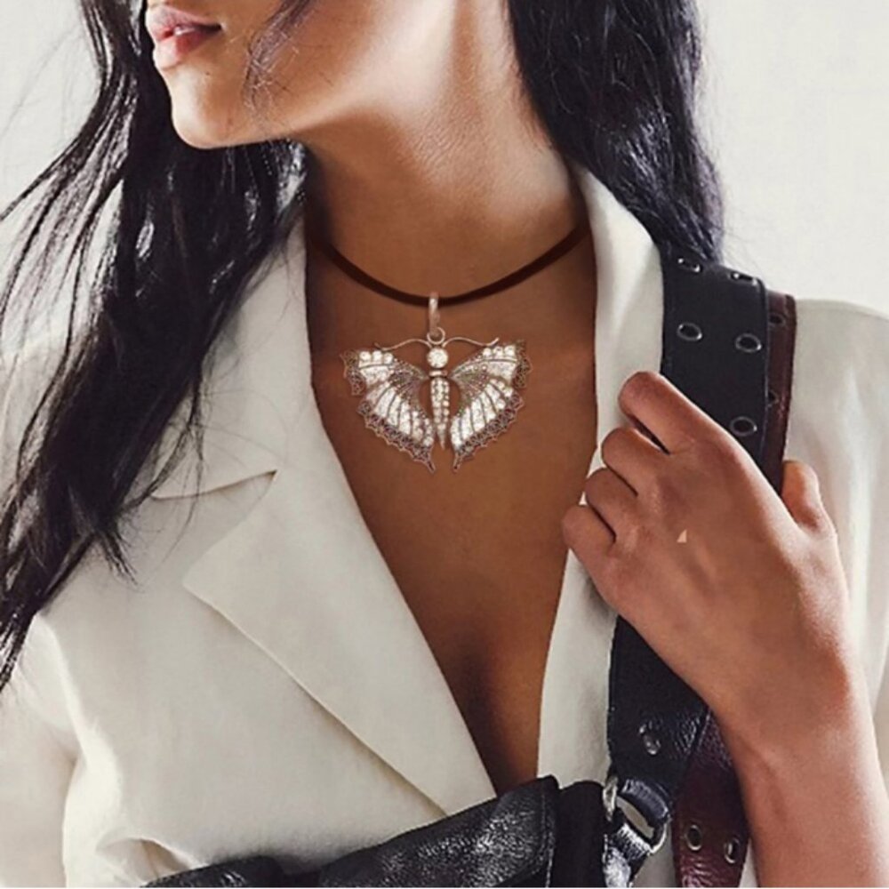 Classic Black Leather Choker Large Butterfly Crystals Silver Pendant